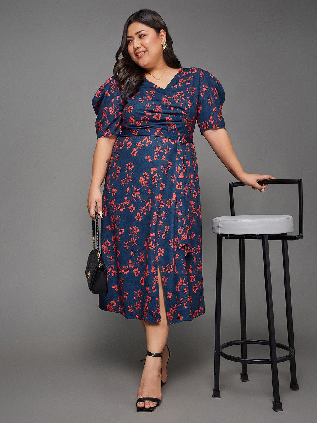 Body Bliss Multicolored-Base-Teal Floral Wrap Midi Dress