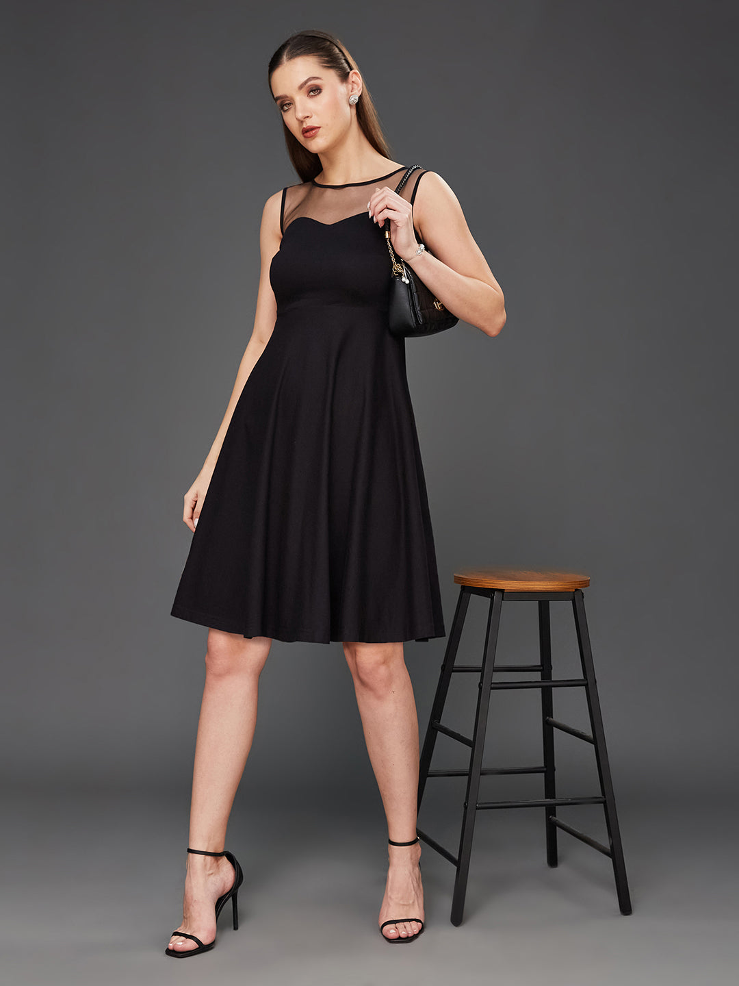 Women's Black Round Neck Sleeveless Back Cut Out Bow Mini Skater Dress