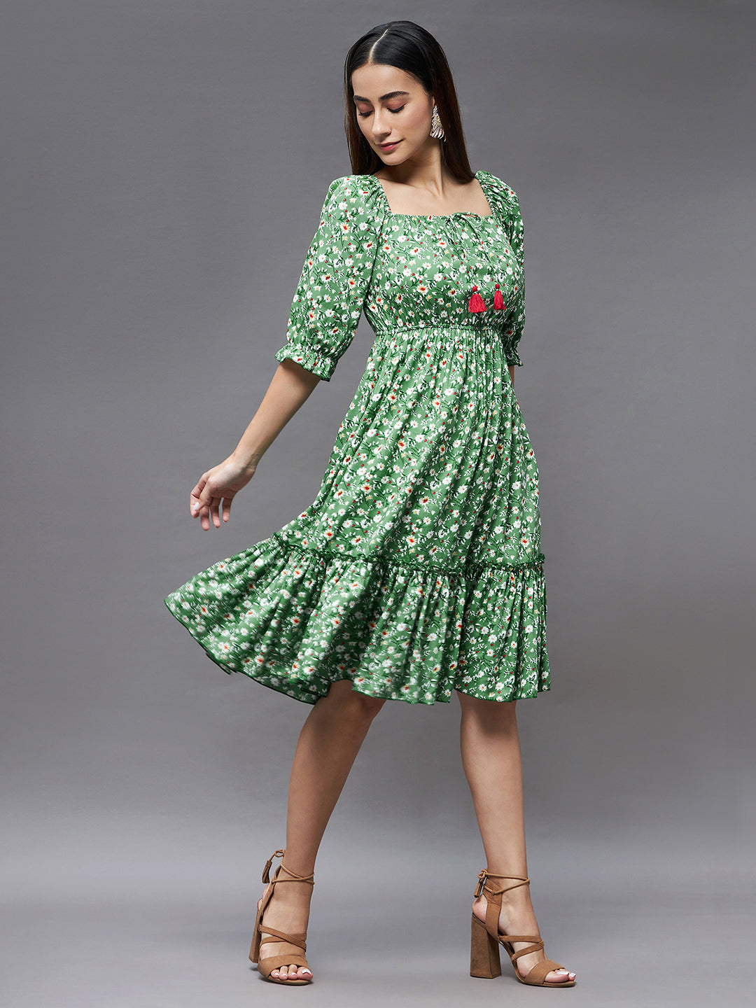 Women's Green Floral Square Neck 3/4 Sleeve Viscose Rayon Ruffled Knee Length Dress