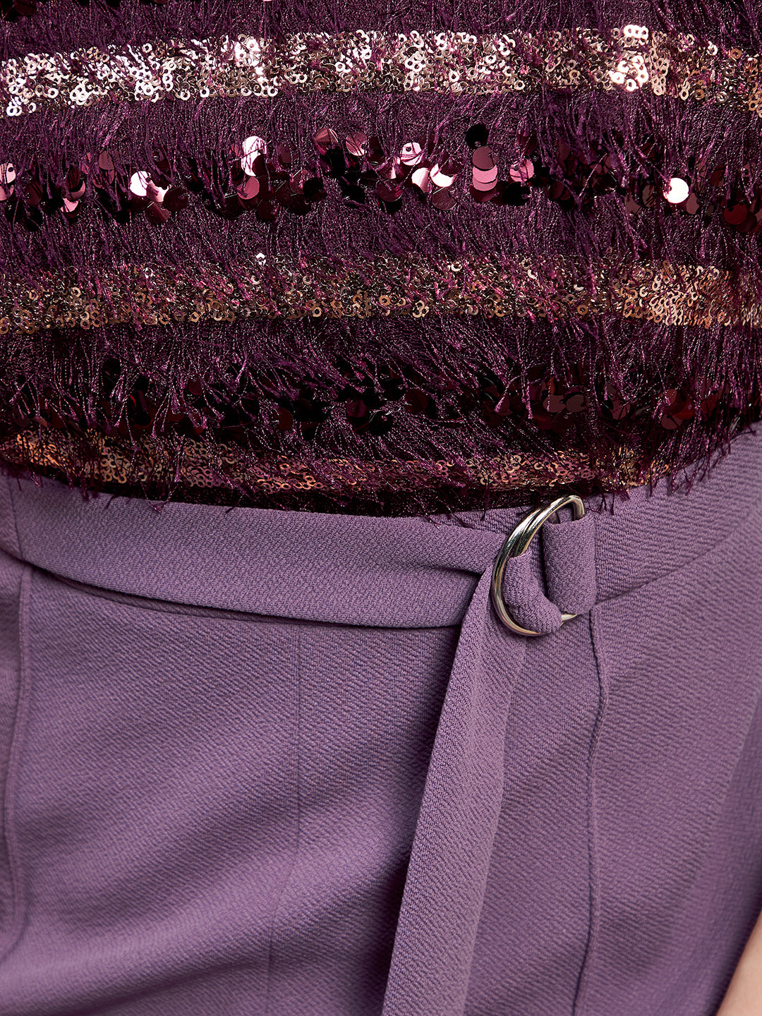 Women's Purple Round Neck Short Sleeve Embellished Front Slit Fringed Regular Jumpsuit