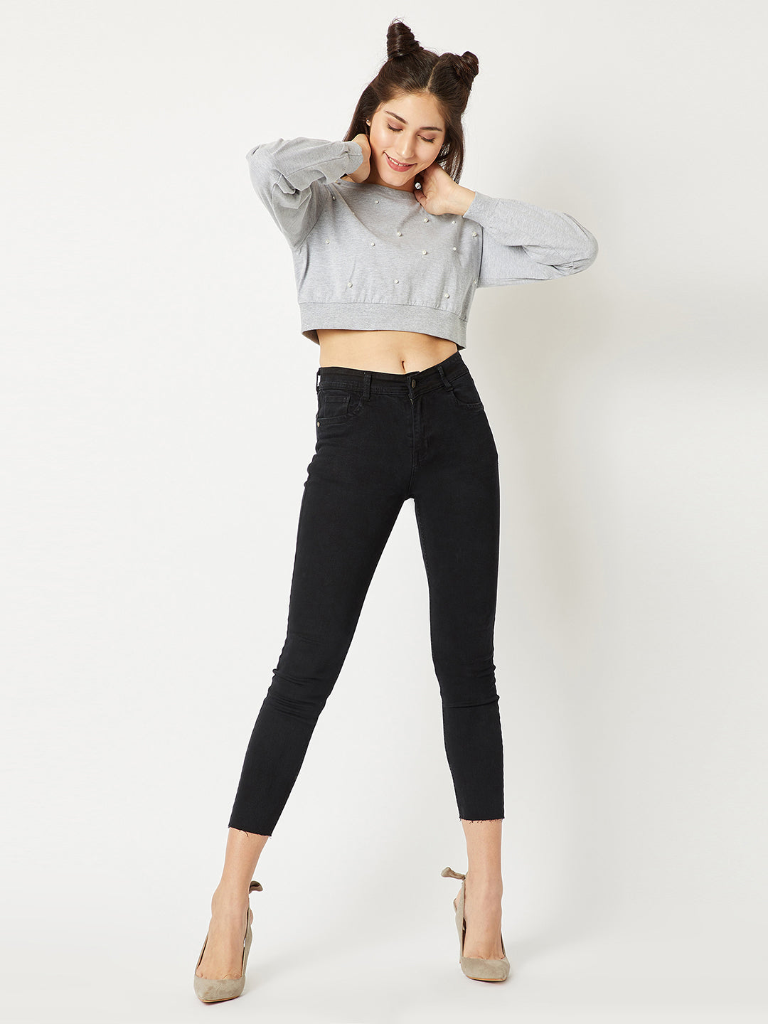 Women's Grey Round Neck Full Sleeve Cotton Solid Pearl Detailing Boxy Crop Top