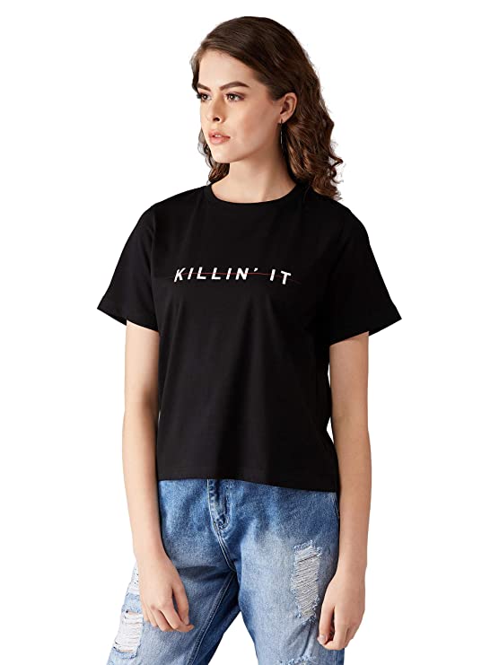 Women's Black Round Neck Short Sleeve Cropped Printed T-Shirt