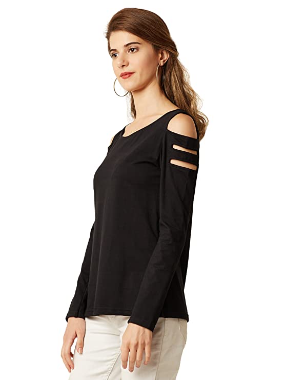 Women's Black Cotton Round Neck Full Sleeve Solid Cut-Out Top