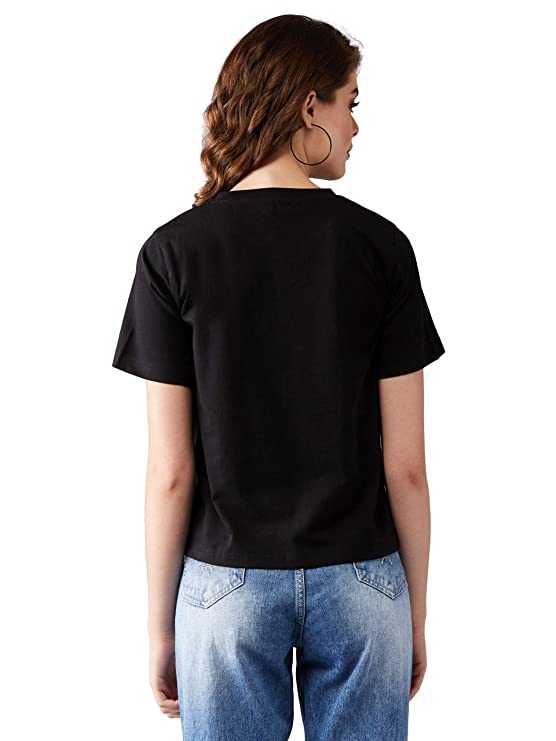Women's Black Round Neck Short Sleeve Cropped Printed T-Shirt