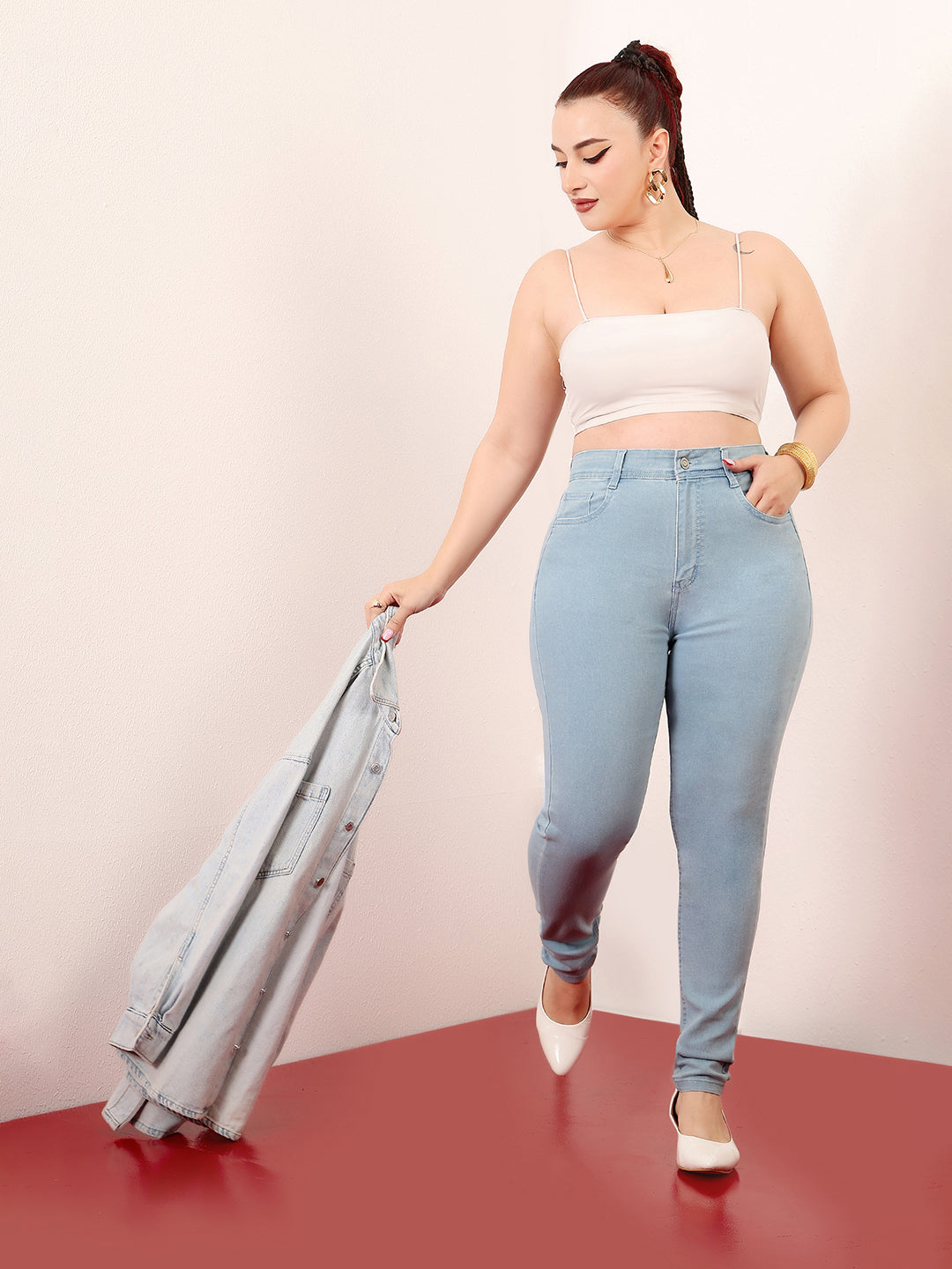 Women's Light Blue Skinny High-Rise Distressed Ice-Wash Denim Jeans
