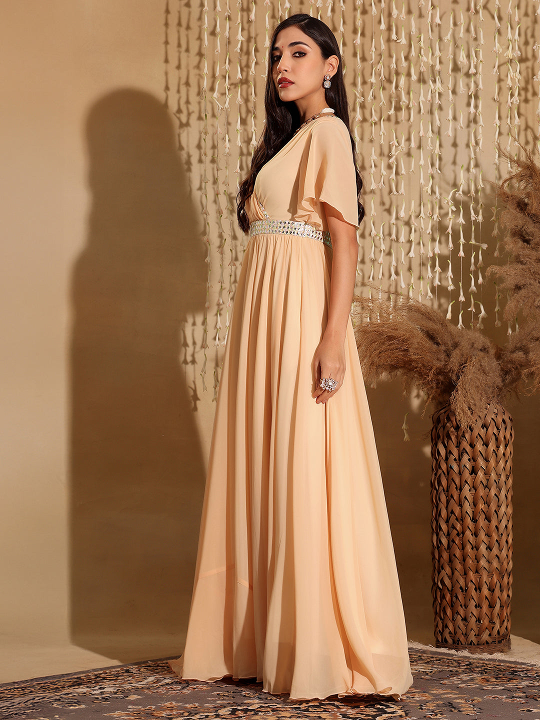 Women's Peach V-Neck Flared/ Bell Sleeves Georgette Solid Fit & Flare Maxi Dress
