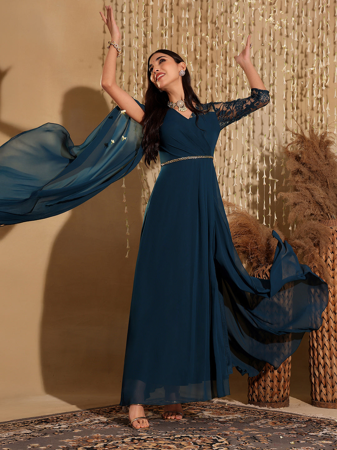 Teal Assymetric Long Sleeves Lace Maxi Dress Long Dress Frock for Women