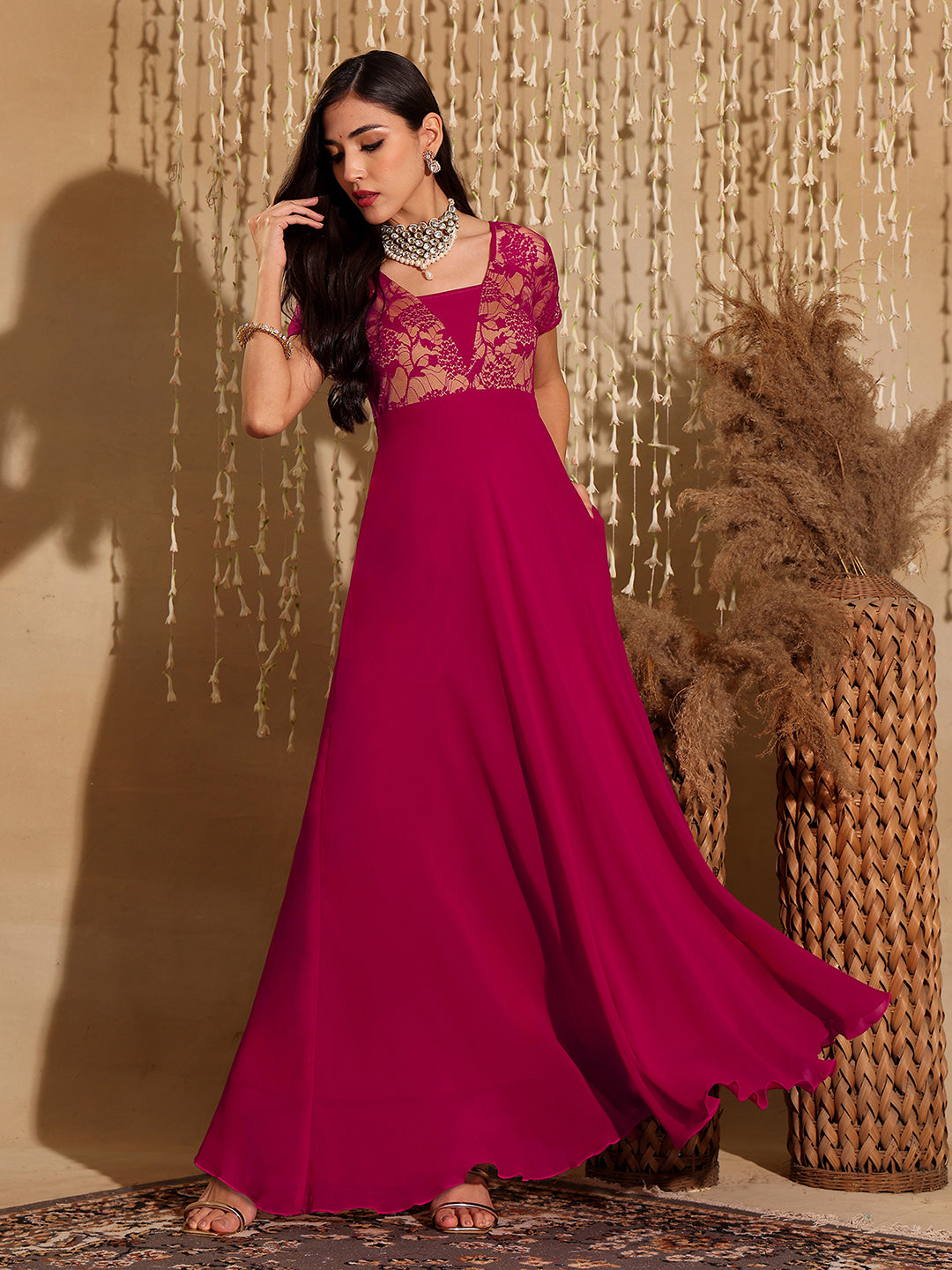 Dark Pink Short Sleeves Lace Fit and Flare Maxi Dress Gown for Women | Mehendi to Sangeet Collection