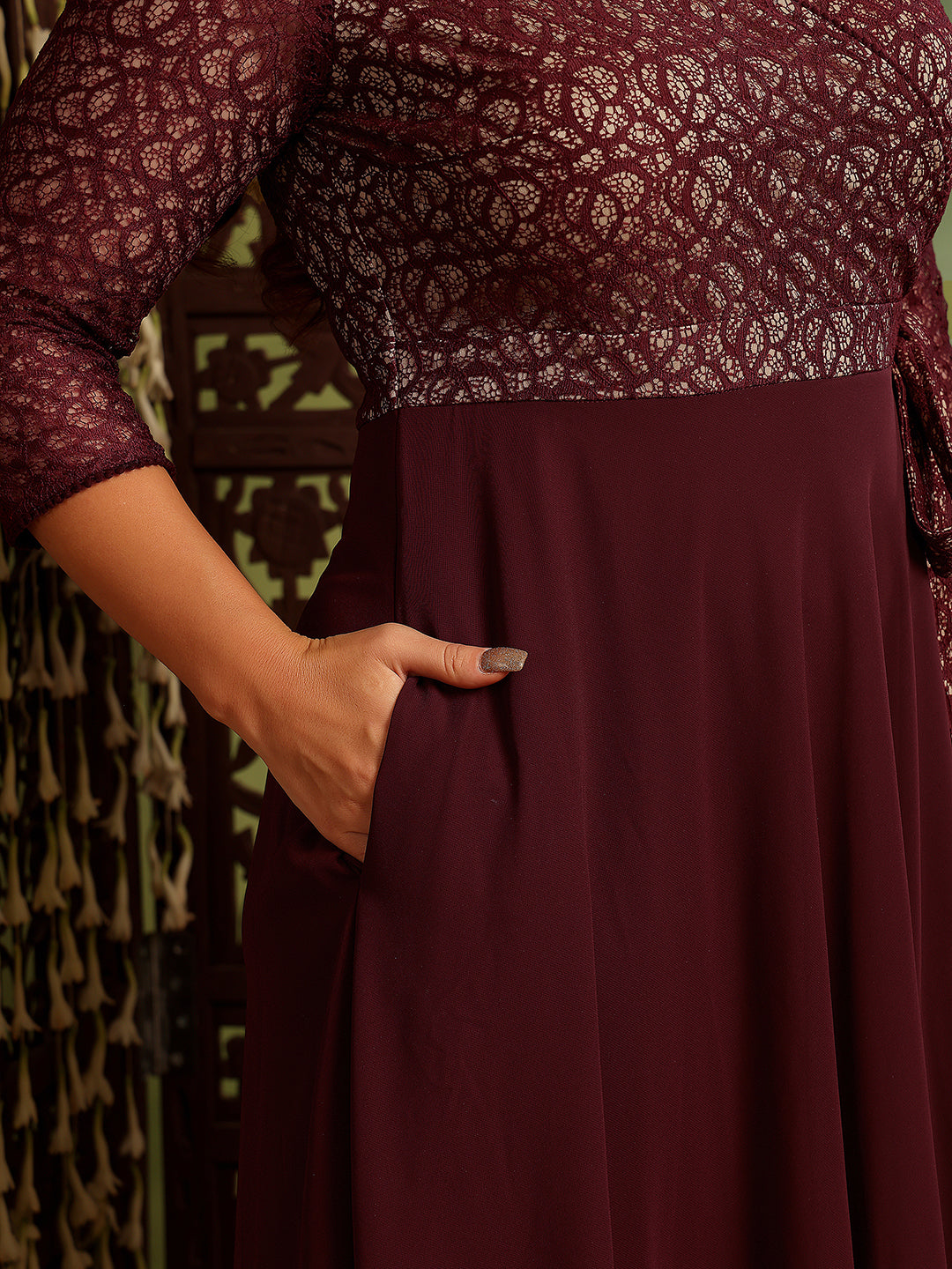 Wine Long Sleeves Fit and Flare Wrap Maxi Dress with Lace Belt for Women