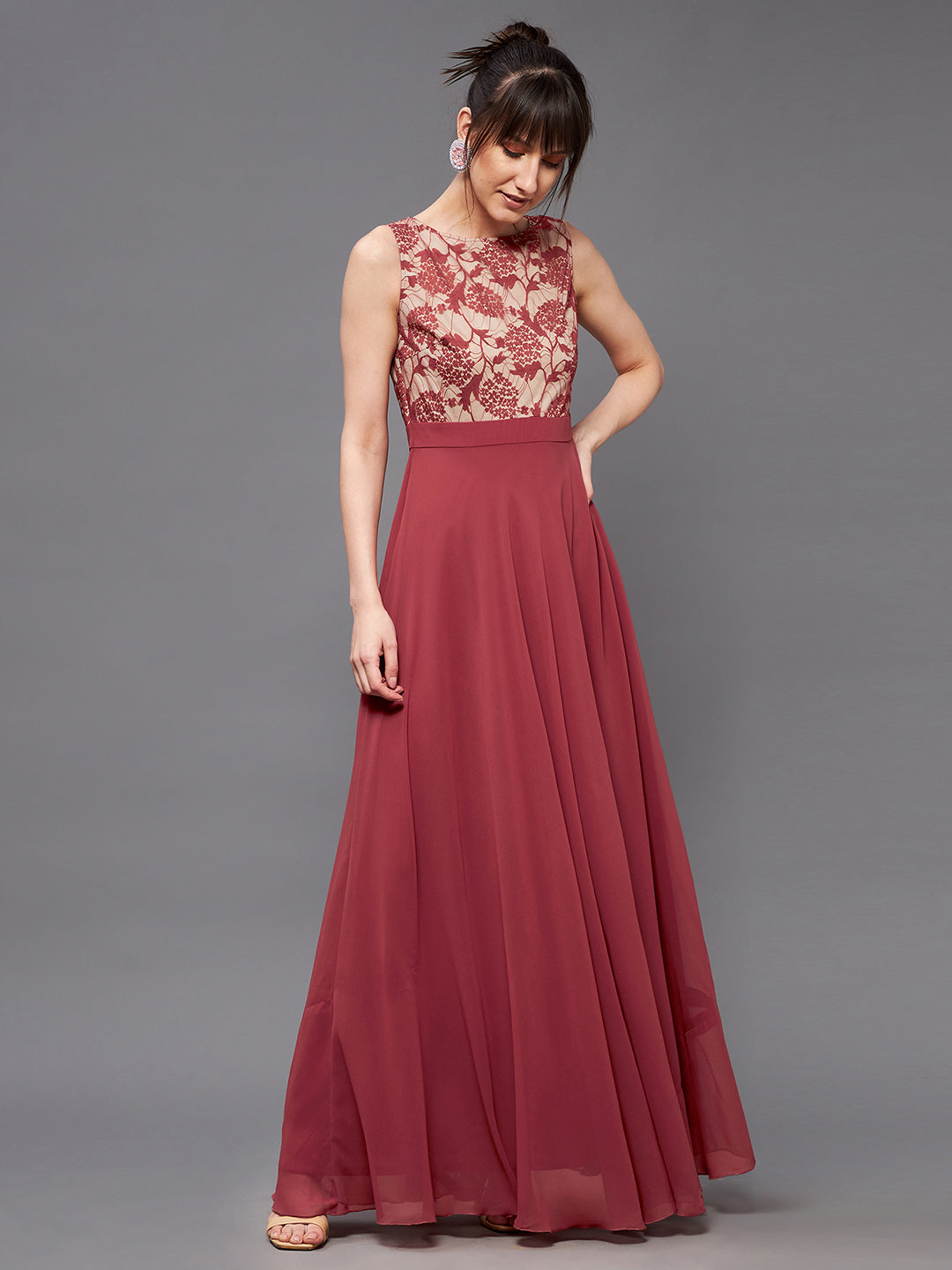 Brick Red & Dusty Green Sleeveless Fit and Flare Lace Dress for Women