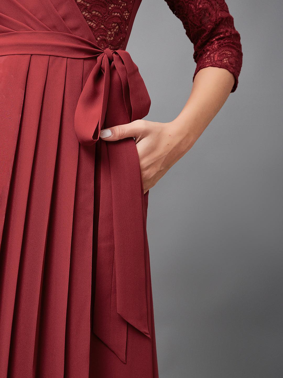 Women's Brick Red V-Neck 3/4 Sleeve Self-Designed Wrap Styled Georgette Maxi Dress