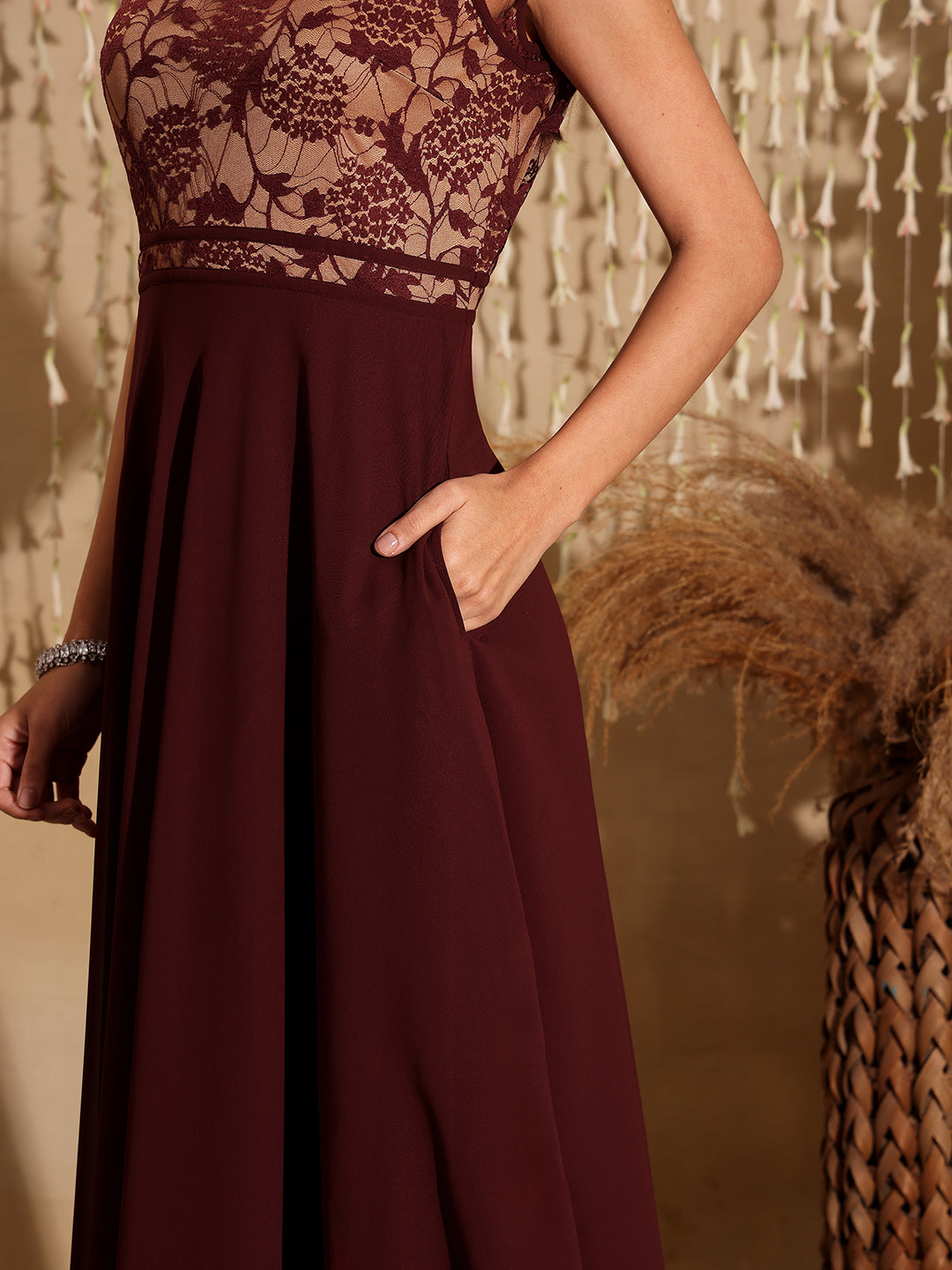Women's Wine & Beige Floral V - Neck Cap Short Sleeves Lace Overlaid Fit & Flare Paneled Maxi Dress