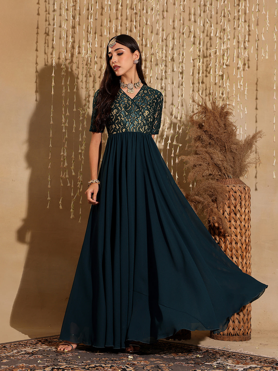 Women's Teal V-Neck Half Sleeve Self Designed Wrap Georgette Maxi Dress