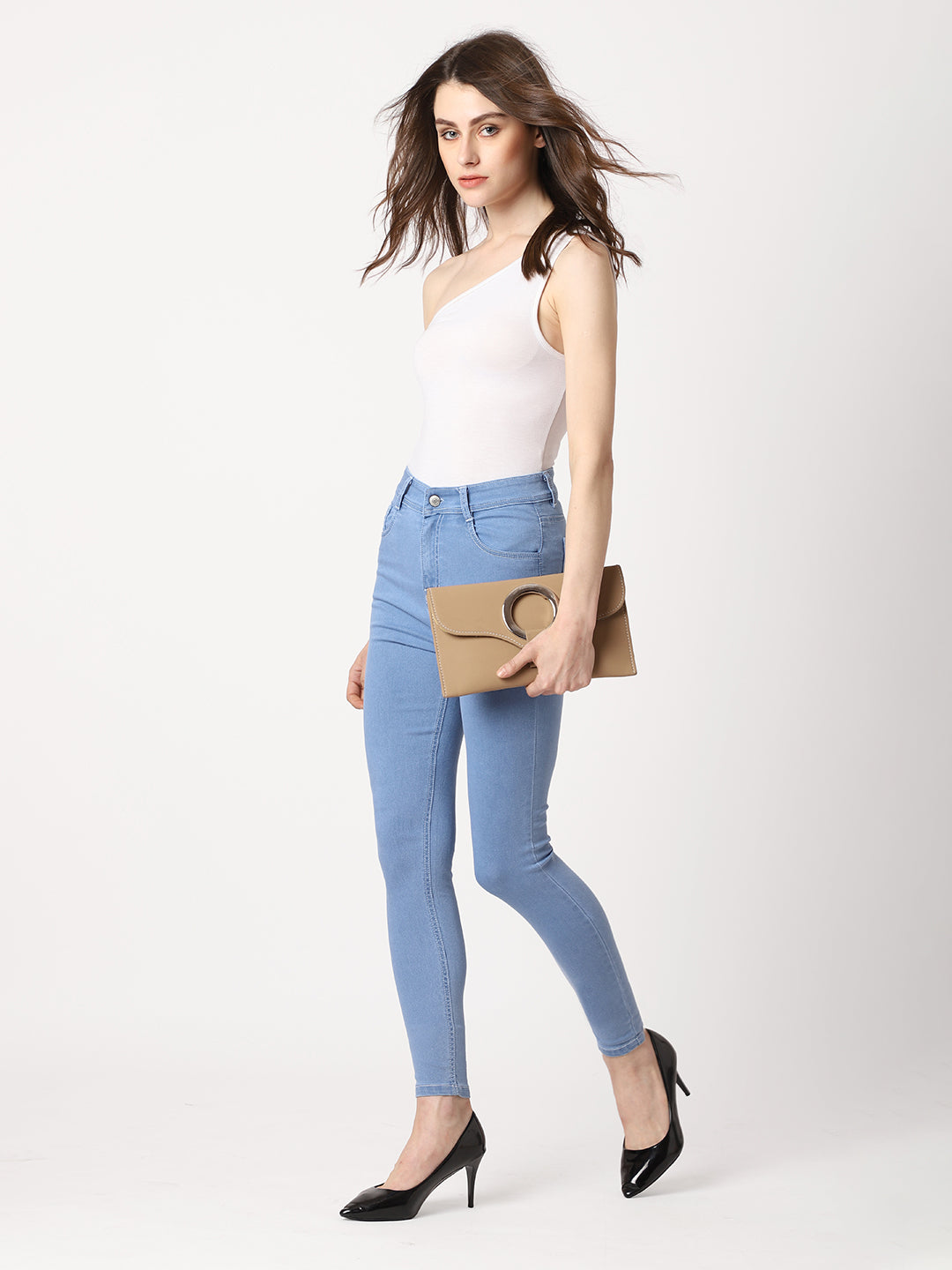 Women's Light Blue Skinny High-Rise Distressed Denim Jeans