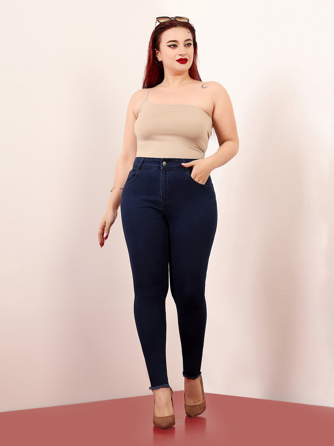 Women's Navy Blue Skinny High-Rise Solid Clean-Look Cropped Fringed-Hemline Stretchable Denim Jeans