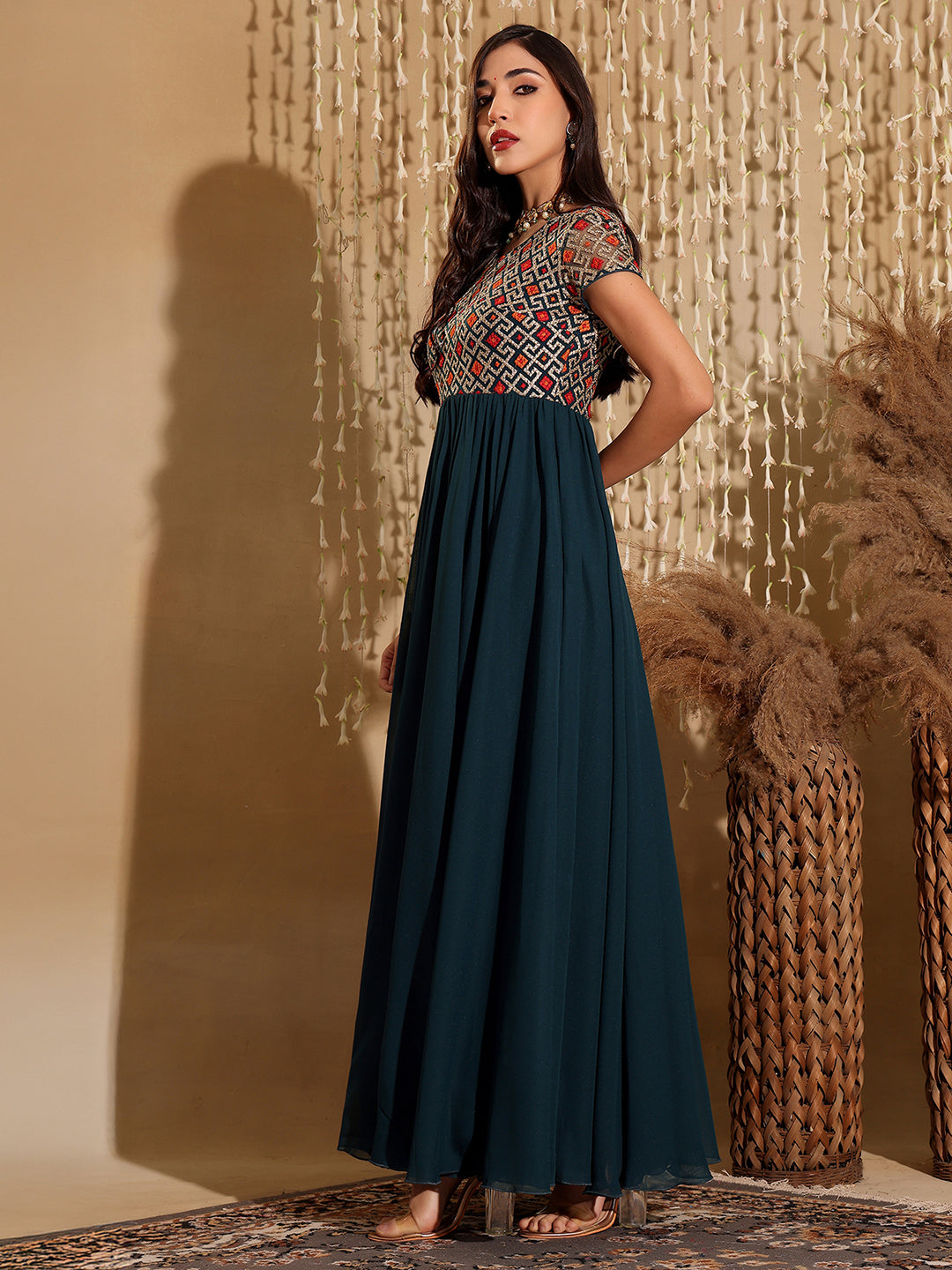 Women's Multicolored-Base-Teal Round Neck Short Sleeve Embroidered Fit and Flared Georgette Maxi Dress