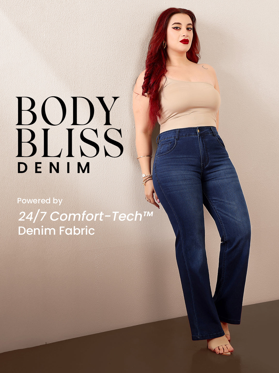 Body Bliss Navy-Blue High-Rise Clean-Look Stretchable Bootcut Denim Jeans for Women