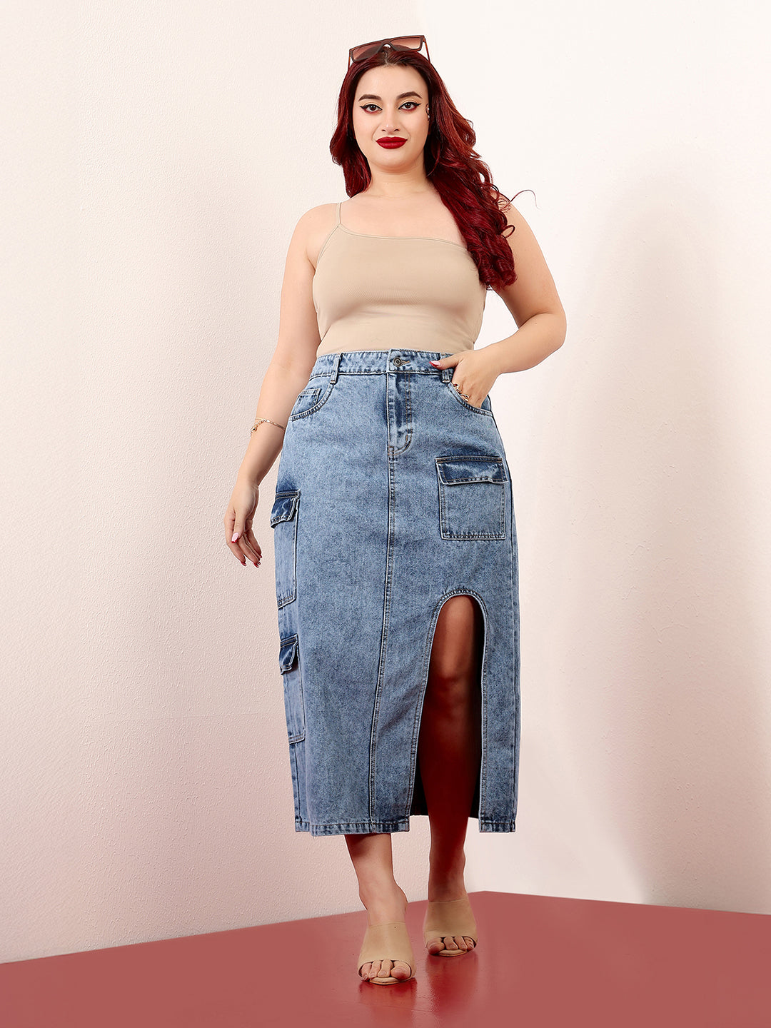 Women's Blue Straight-Fit High-Rise Clean-Look Non-stretchable Denim Midi Skirt