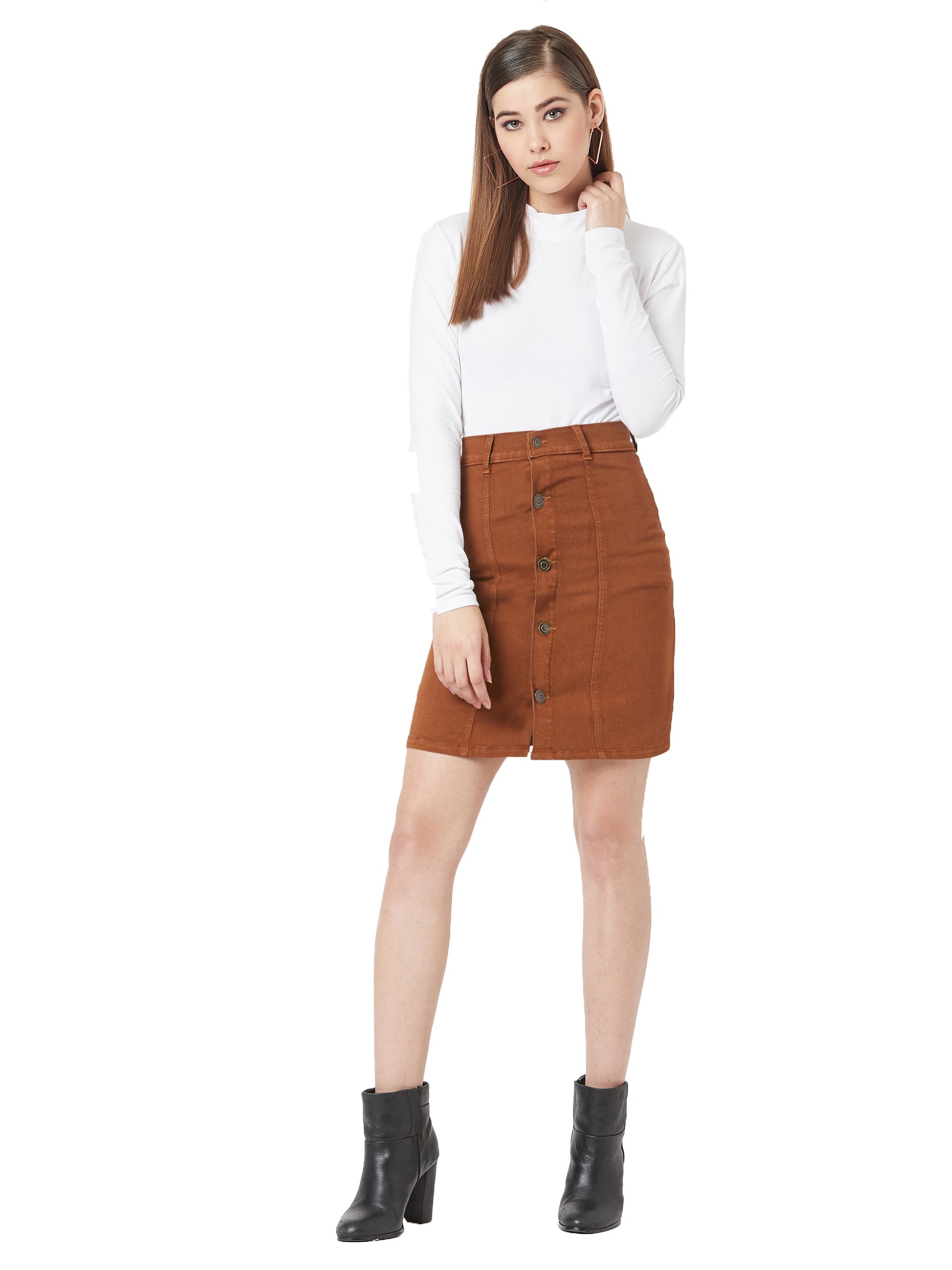 Brown Stretchable Solid A-line Mini Denim Skirt for Women