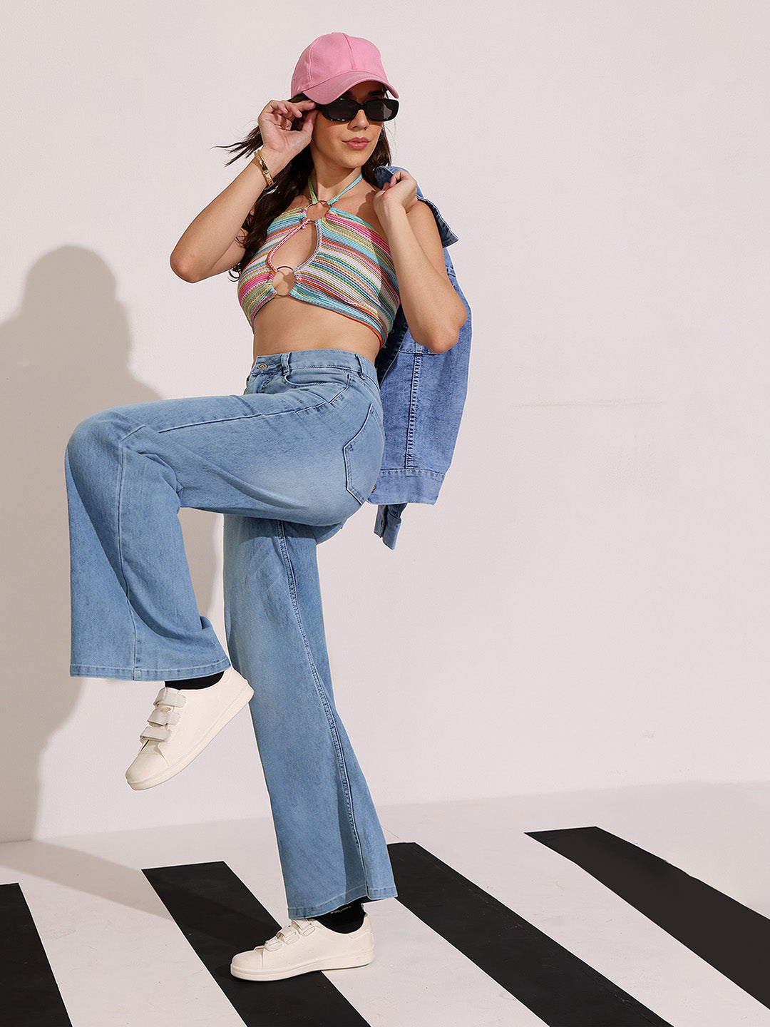 Women's Light Blue Wide-Leg High Rise Clean Look Regular Length Stretchable Shaping Denim Jeans