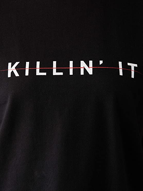 Women's Black Round Neck Short Sleeve Cropped Printed T-Shirt