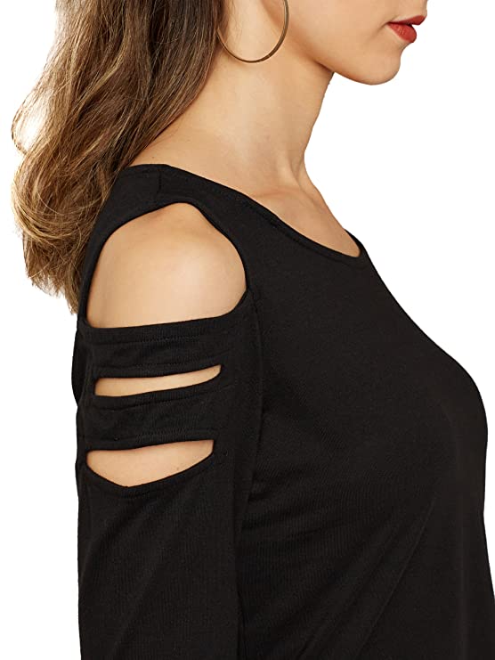 Women's Black Cotton Round Neck Full Sleeve Solid Cut-Out Top