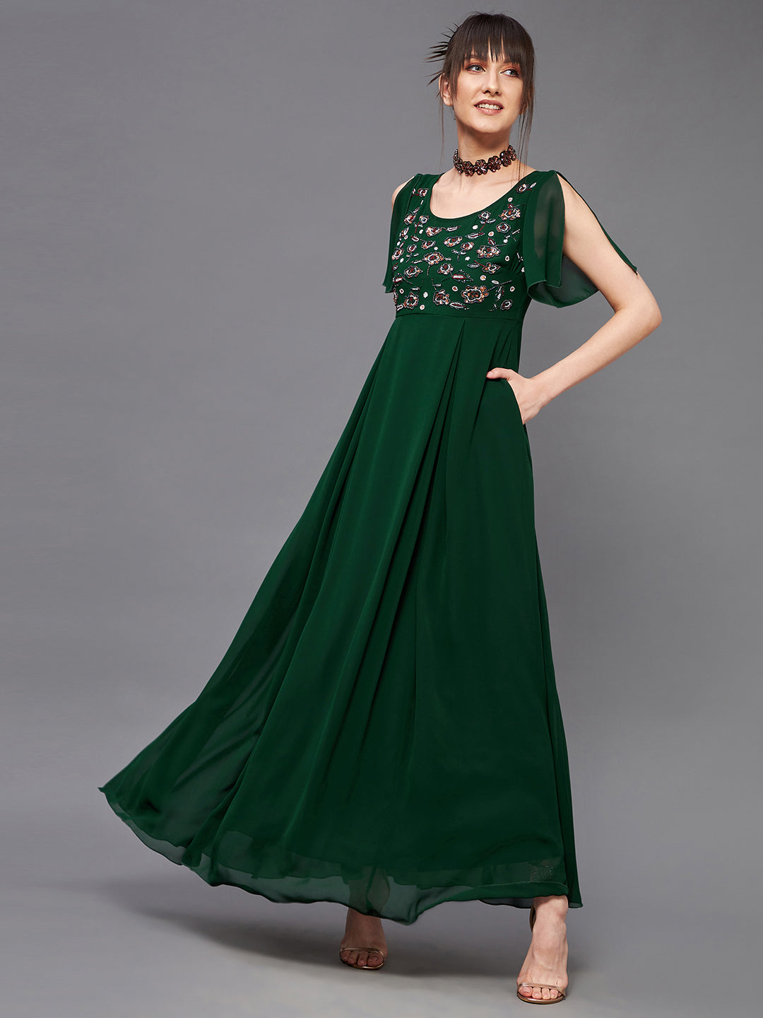 Women's Dark Green Round Short Slit Sleeve Solid Embellished Georgette Maxi Dress
