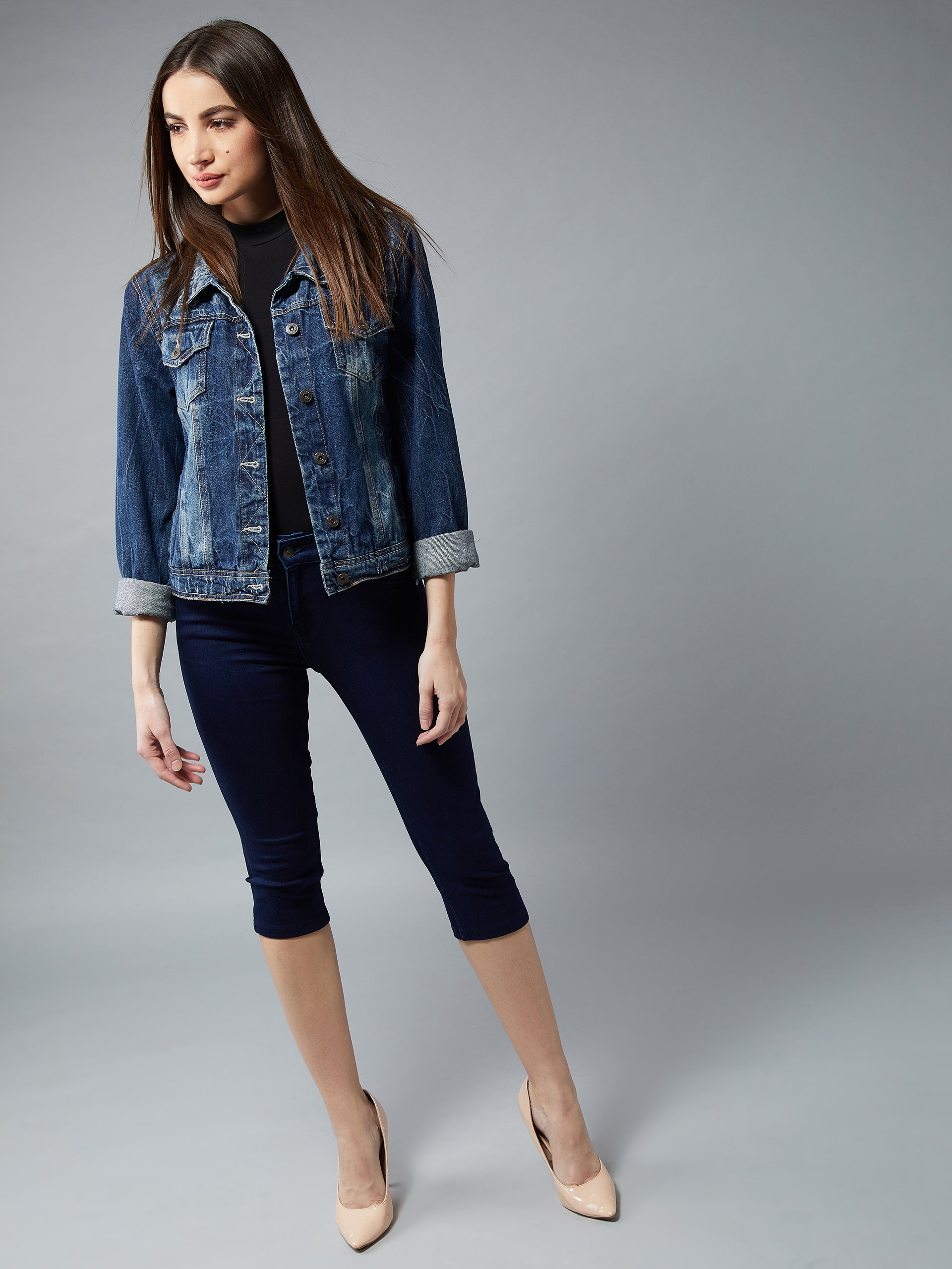 CHASEstretch™ Women's Navy-Blue Skinny-Fit High-Rise Cropped-Length Clean-Look Denim Stretchable Capri Jeans