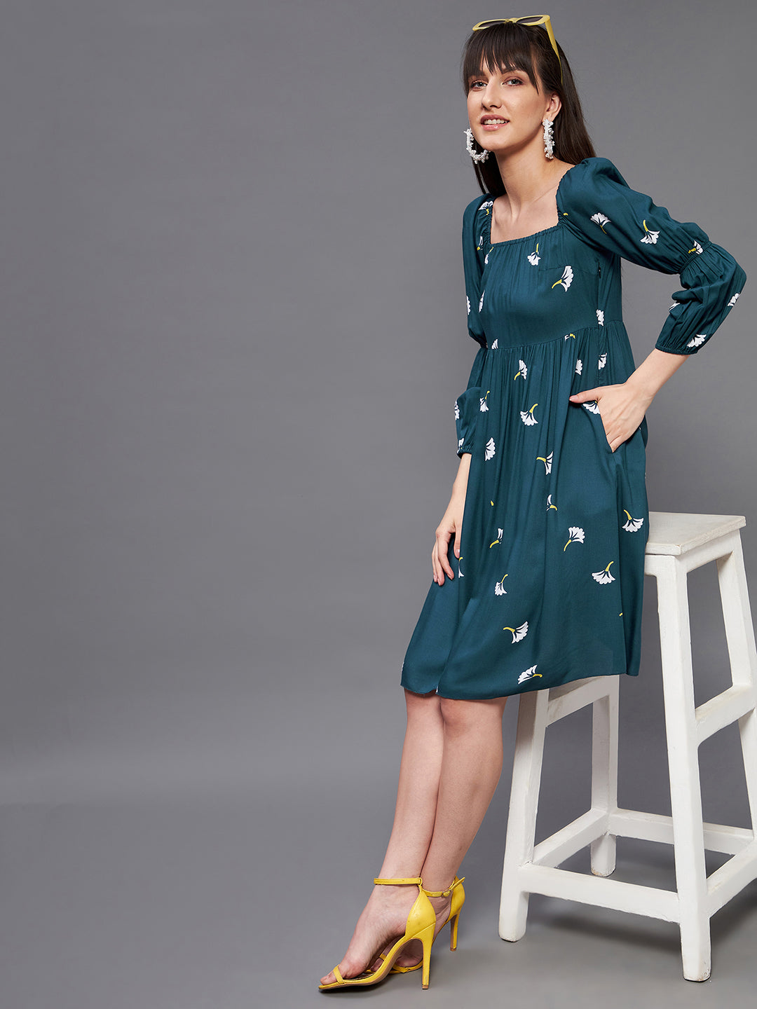 Women's Multicolored-Base-Teal Square Bishop Sleeve Viscose Rayon Floral Gathered Above Knee Dress