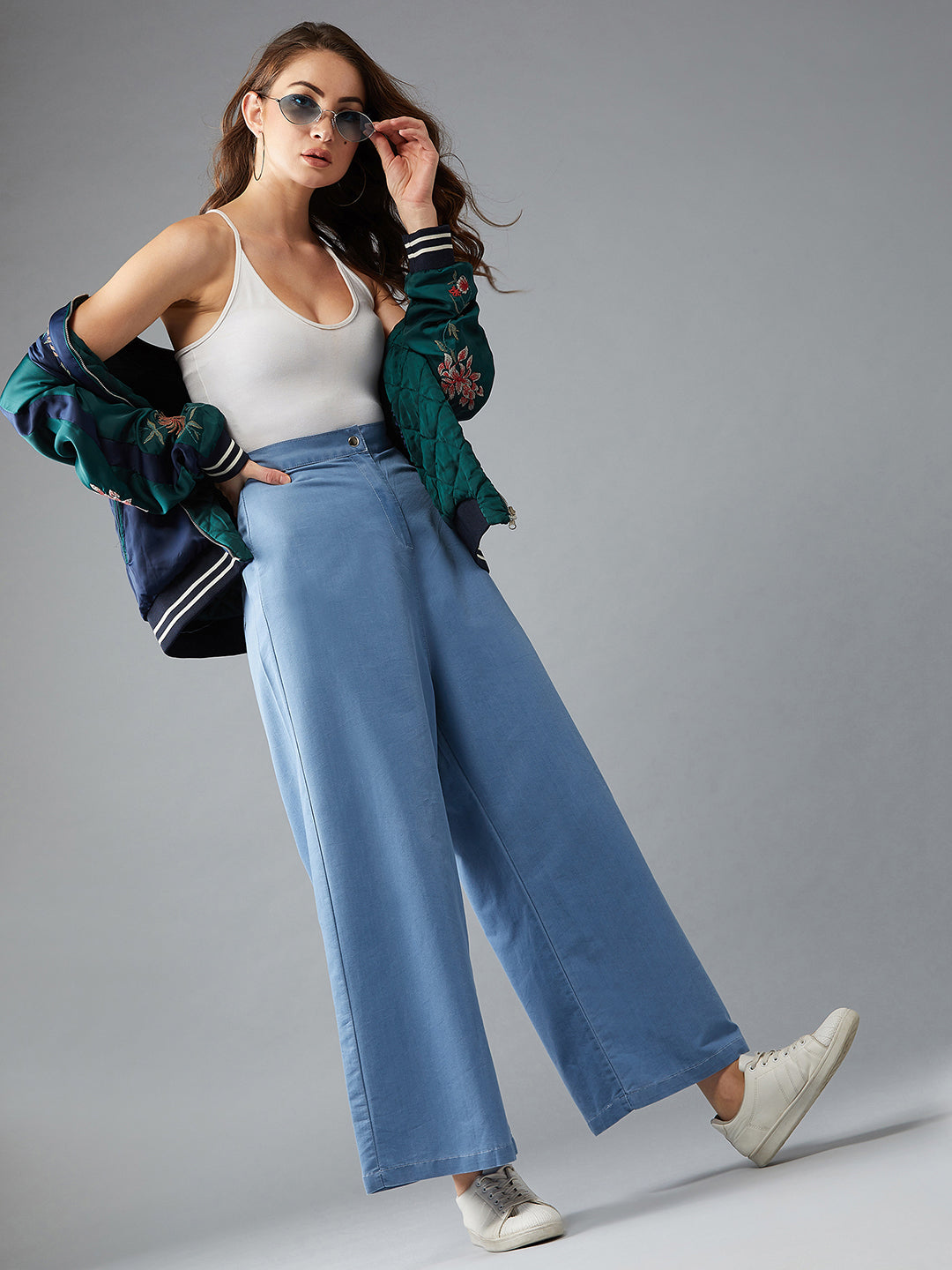 Women's Blue Flared Wide-Leg High-Rise Light Weight Non Stretchable Denim Pants