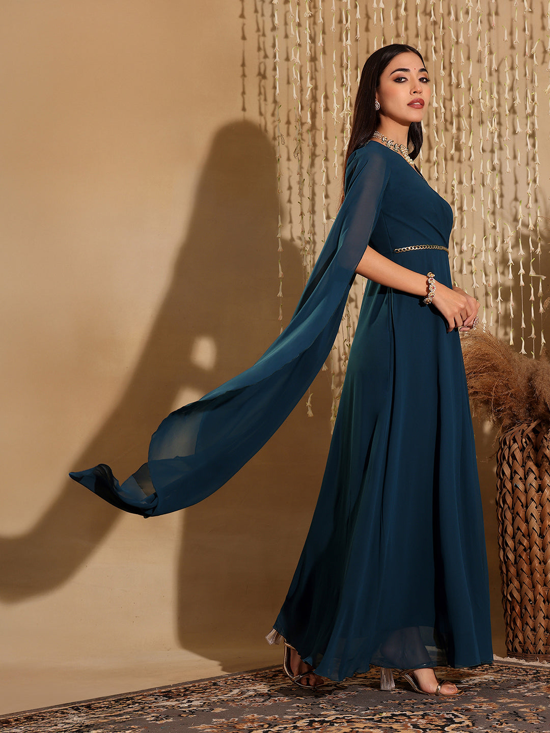 Women's Teal V-Neck Asymmetric Self-Designed Georgette Maxi Dress