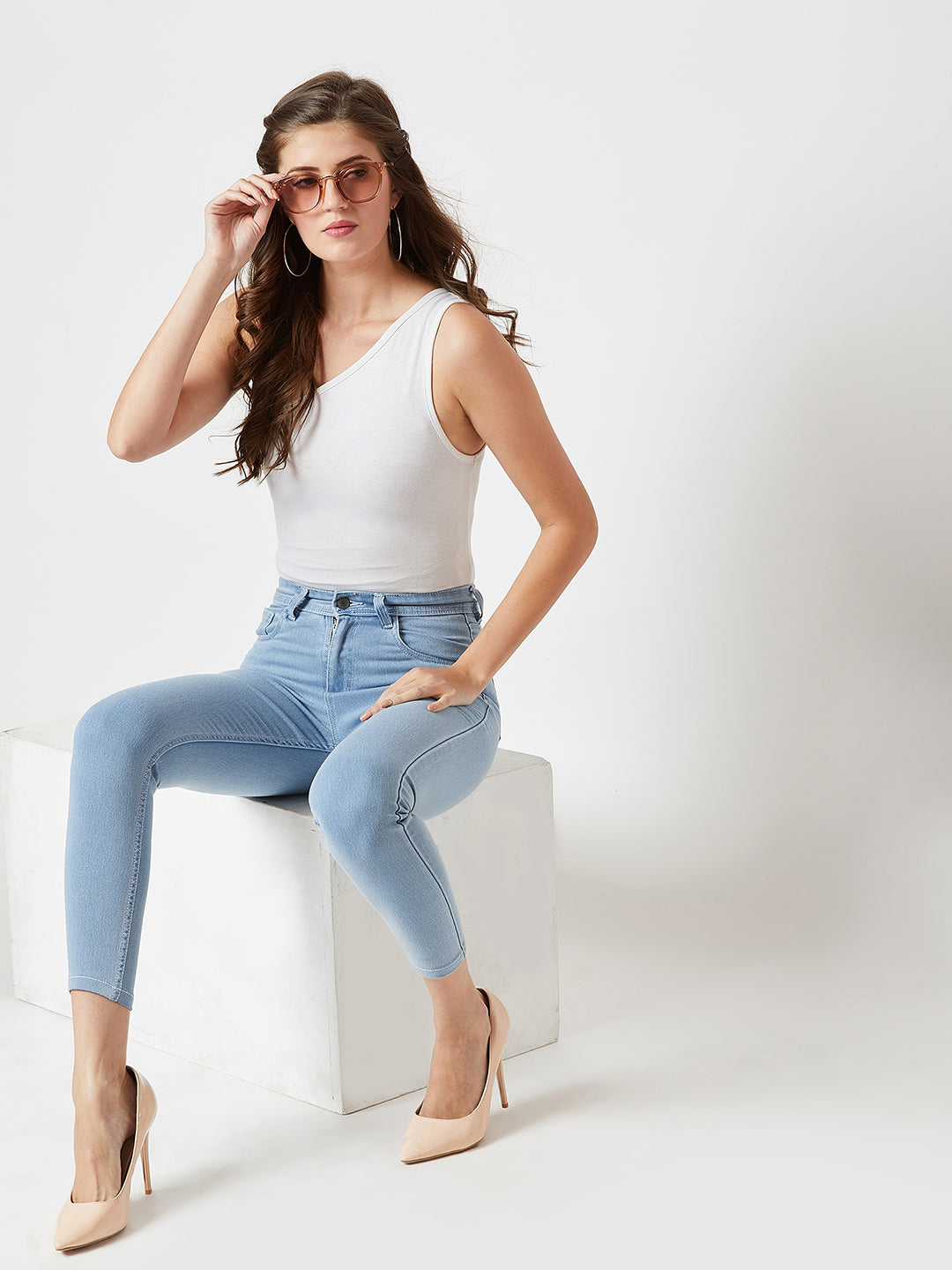 24/7 Comfort Light Blue Skinny High-Rise Clean-Look Cropped Denim Jeans
