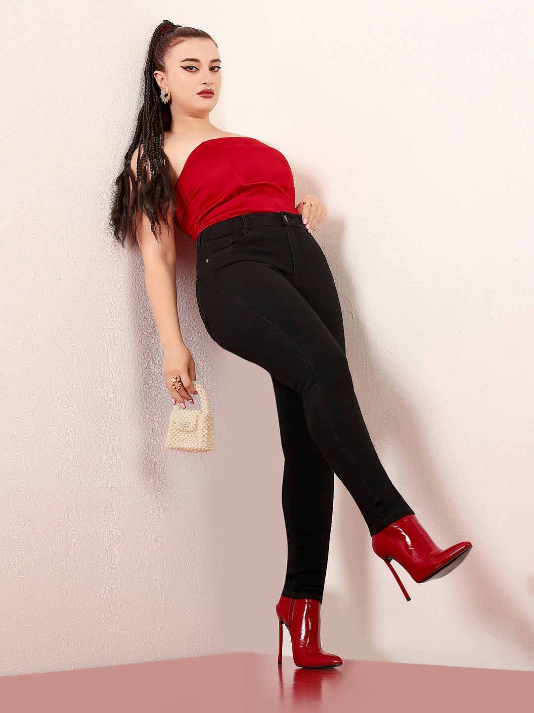 Women's Black Skinny Fit High-Rise Clean-Look Length Clean-Look Stretchable Denim Jeans