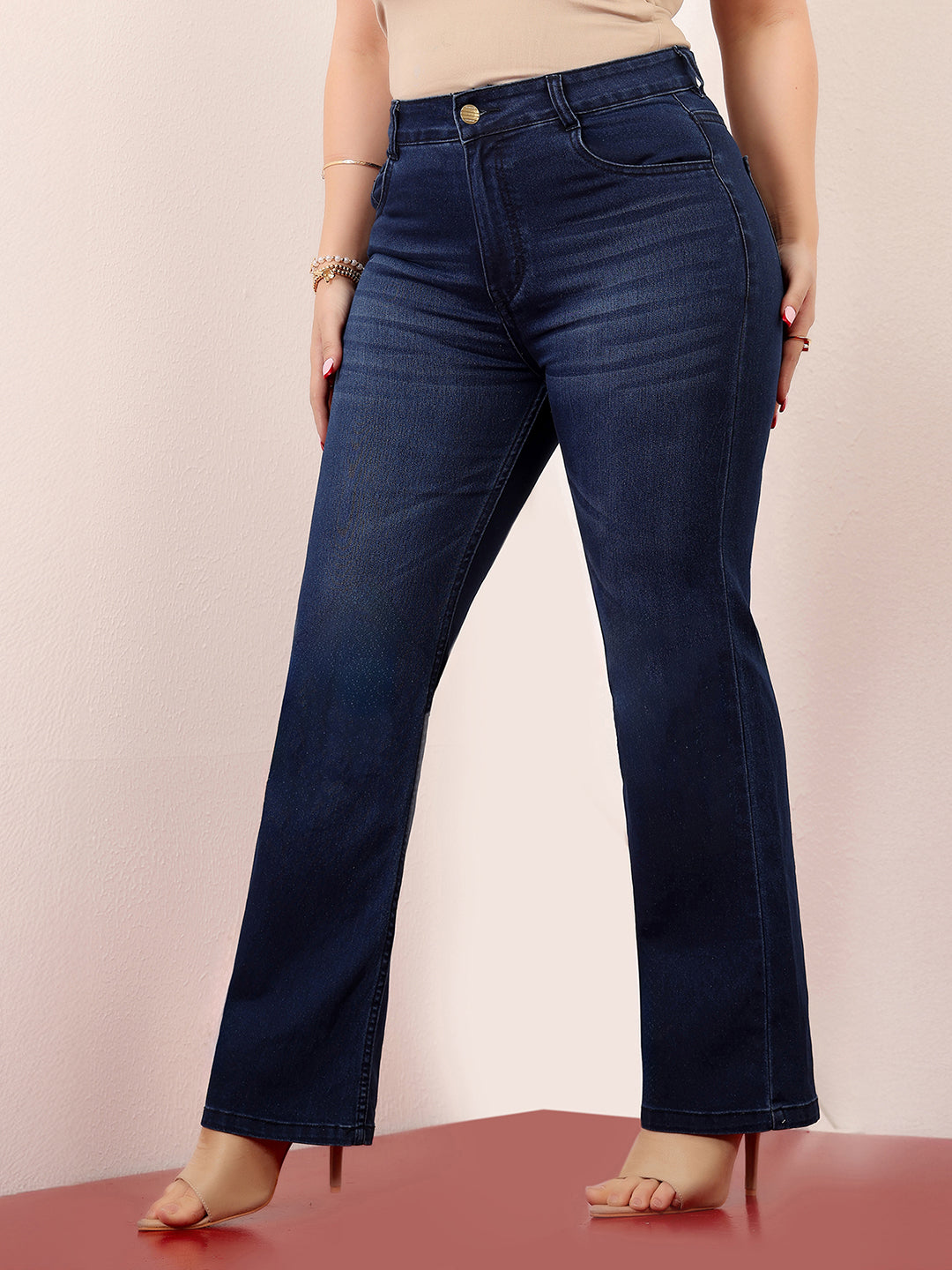 Women's Navy Blue High-Rise Clean-Look Stretchable Bootcut Denim Jeans