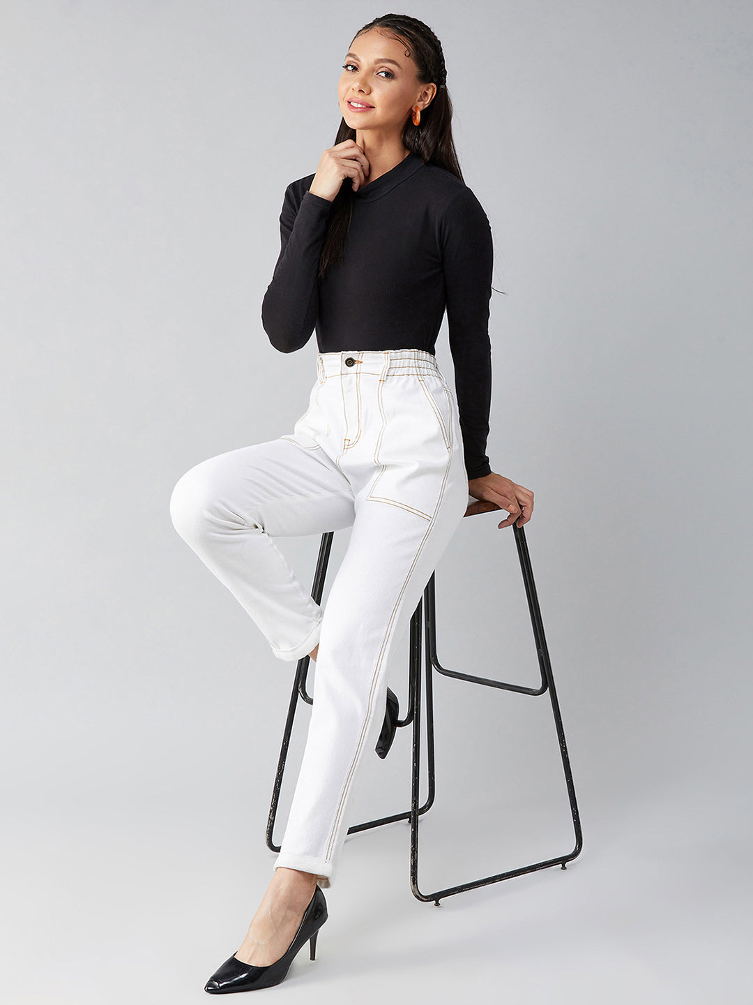 Women's White Mom's Jean High-Rise Stretchable Denim Jeans