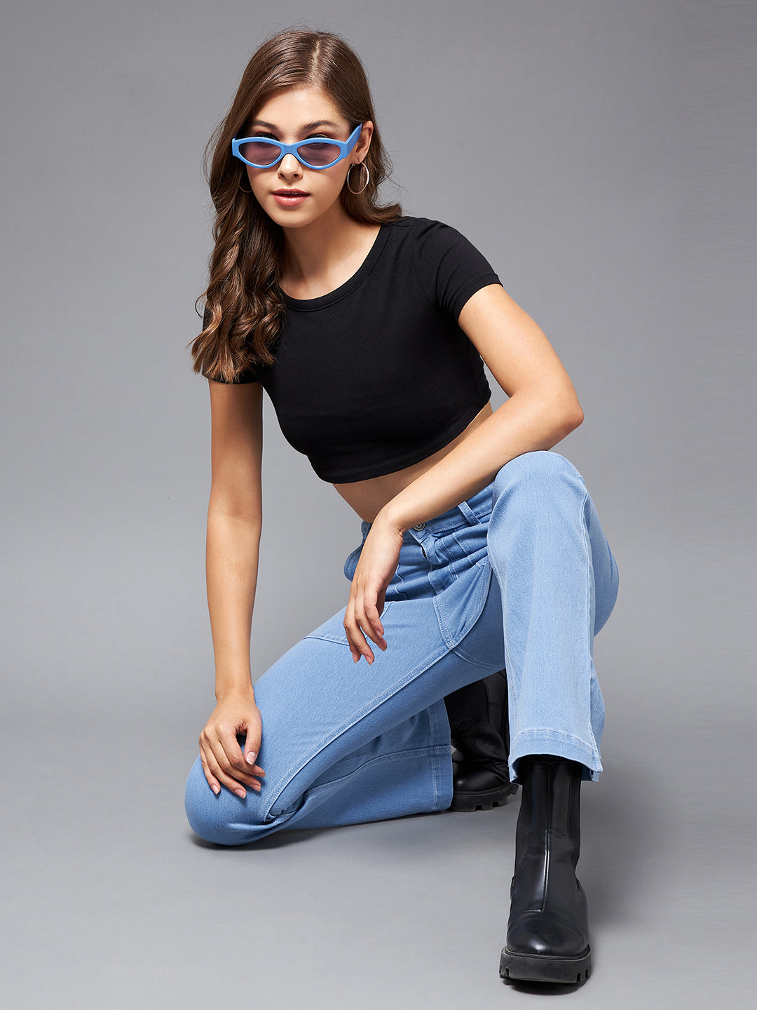 24/7 Comfort Light Blue Bell-Bottom Bootcut High-Rise Stretchable Denim Jeans