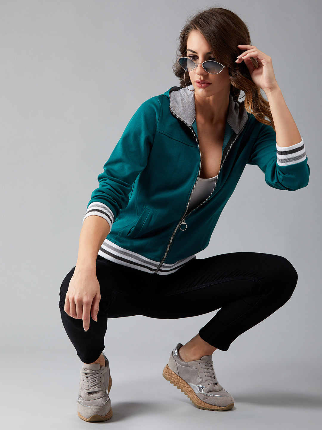 Women's Turquoise Blue Mock Collar Full Sleeves Solid Hooded Regular Length Jacket