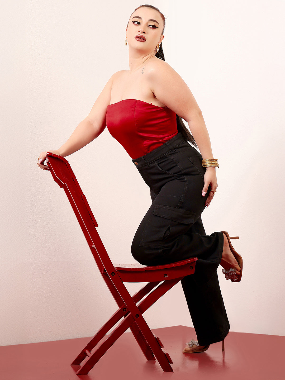 24/7 Comfort Black Wide-Leg High-Rise Clean-Look Stretchable Denim Cargo Jeans