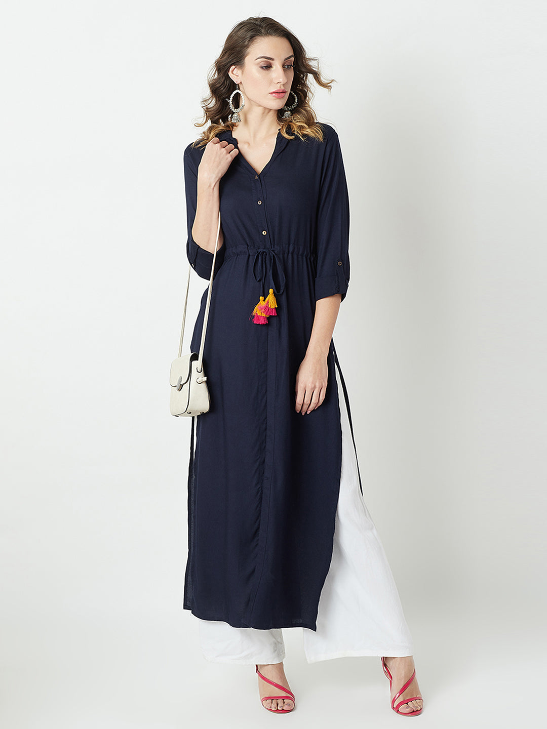 Women's Navy Blue Collared 3/4 Sleeve Solid Buttoned Tassel A-Line Maxi Top