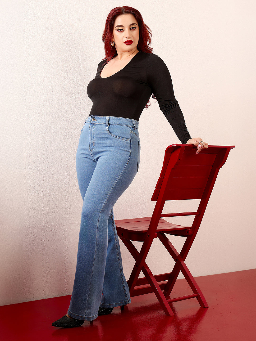 Women's Light Blue Bootcut High-Rise Clean-Look Stretchable Denim Jeans