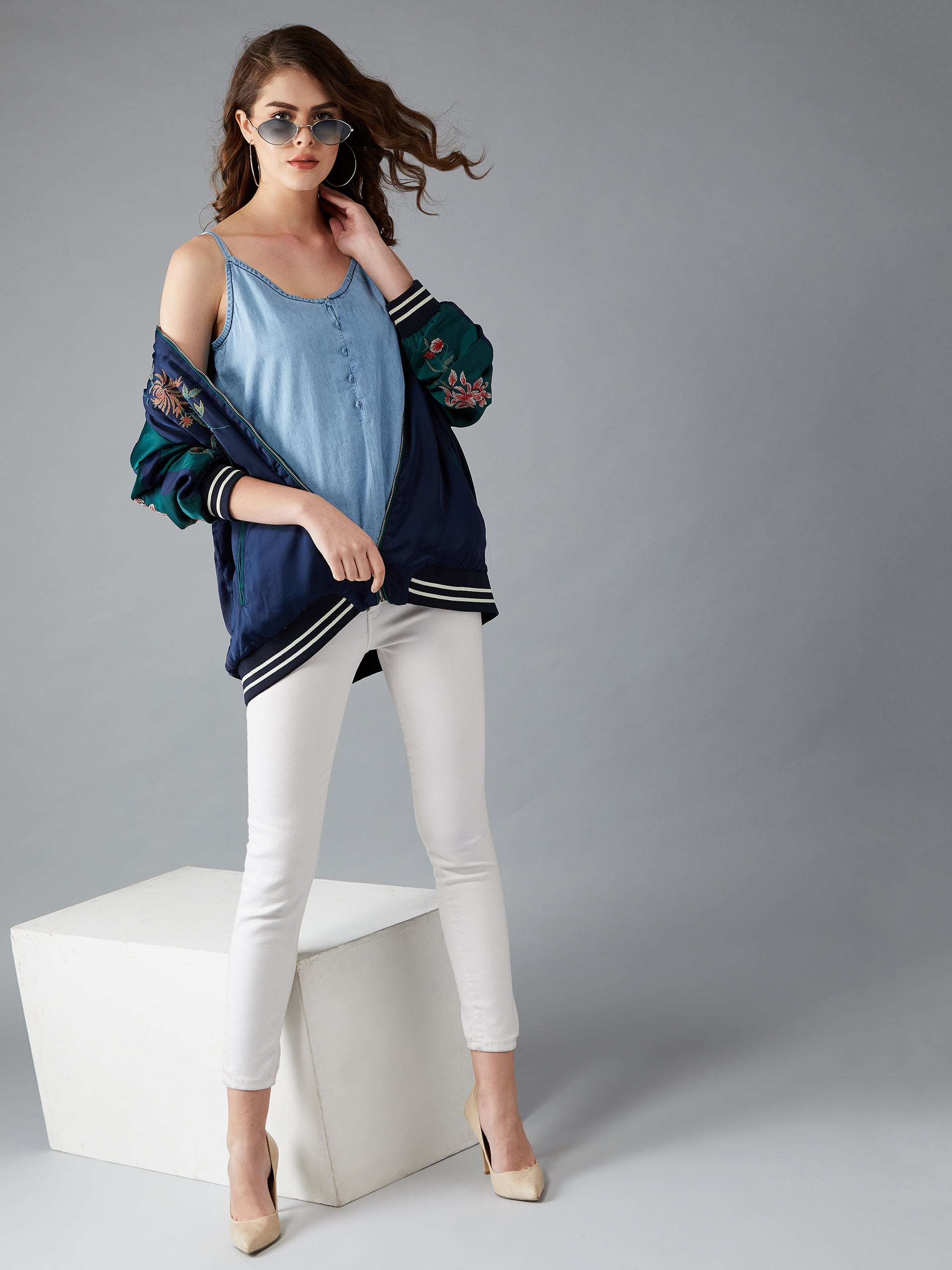 Women's Light Blue V Neck Sleeveless Cotton Solid Denim Spaghetti Top