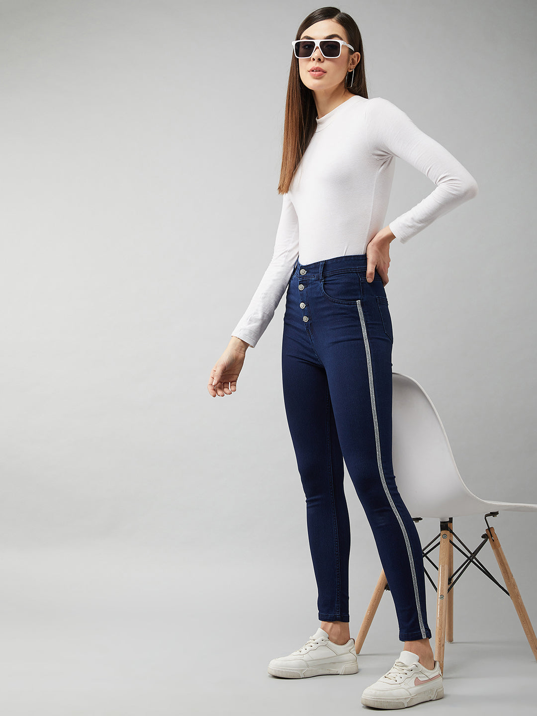 Women's Navy-Blue Cotton Skinny-Fit Relaxed High-Rise Stretchable Denim Jeans