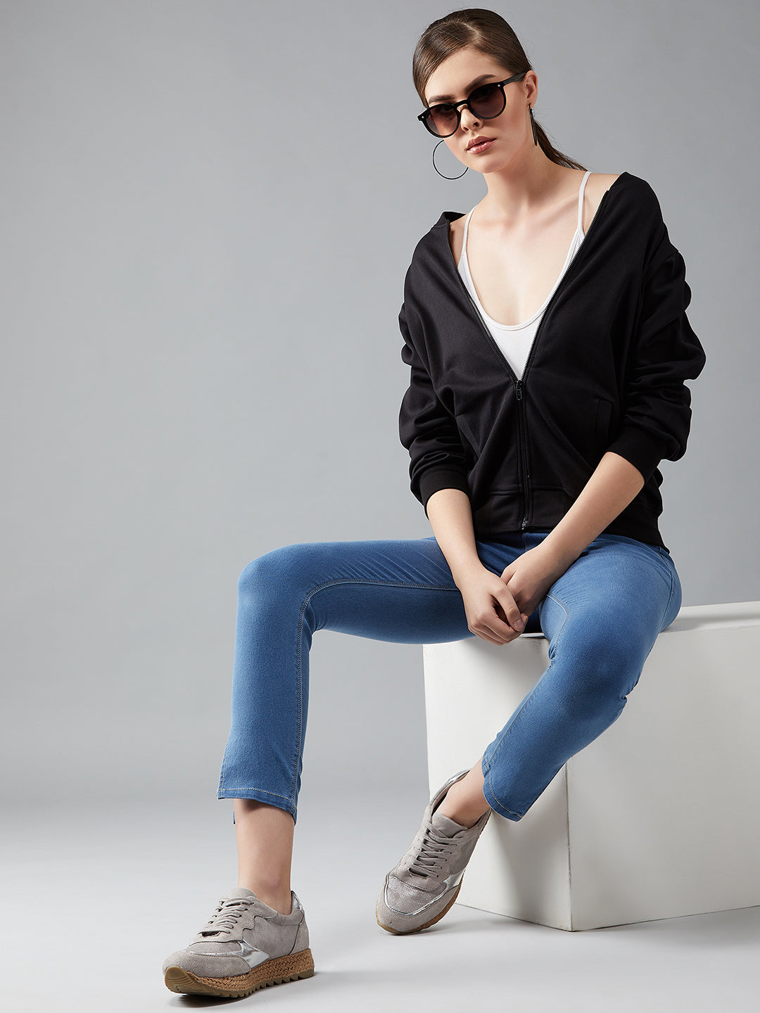 Women's Black Collared Full Sleeves Solid Bomber Regular Length Jacket