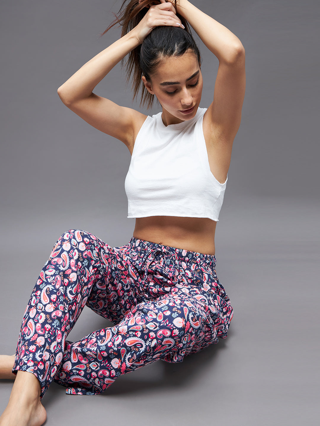 Women's Navy blue and pink Printed Tie-Up Waist Regular Pajama