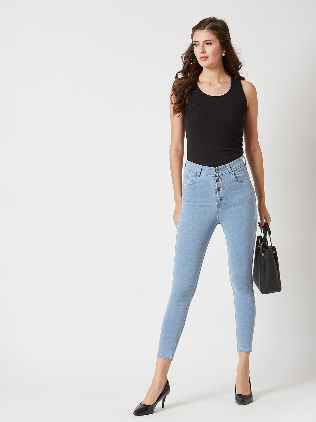 Women's Light Blue Skinny High-Rise Distressed Cropped Denim Jeans