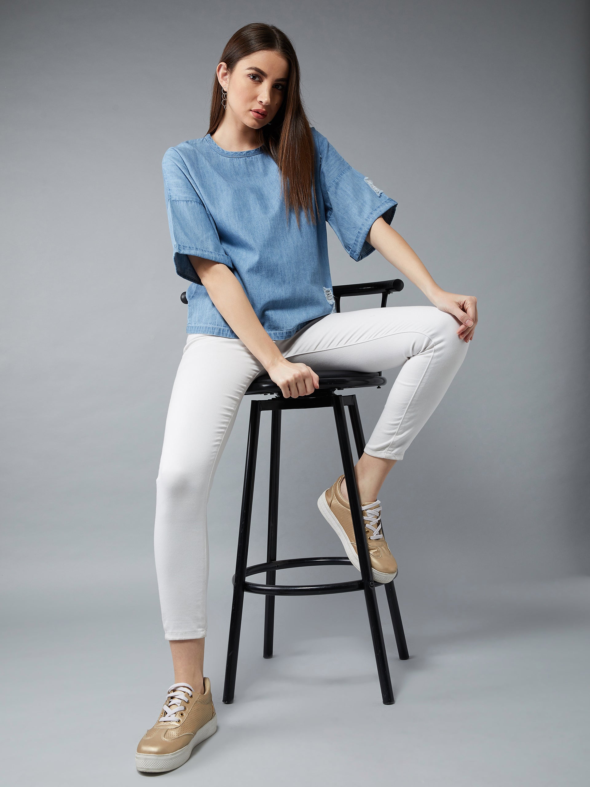 Women's Light Blue Round Neck Half Sleeves Solid Boxy Regular Ripped Top