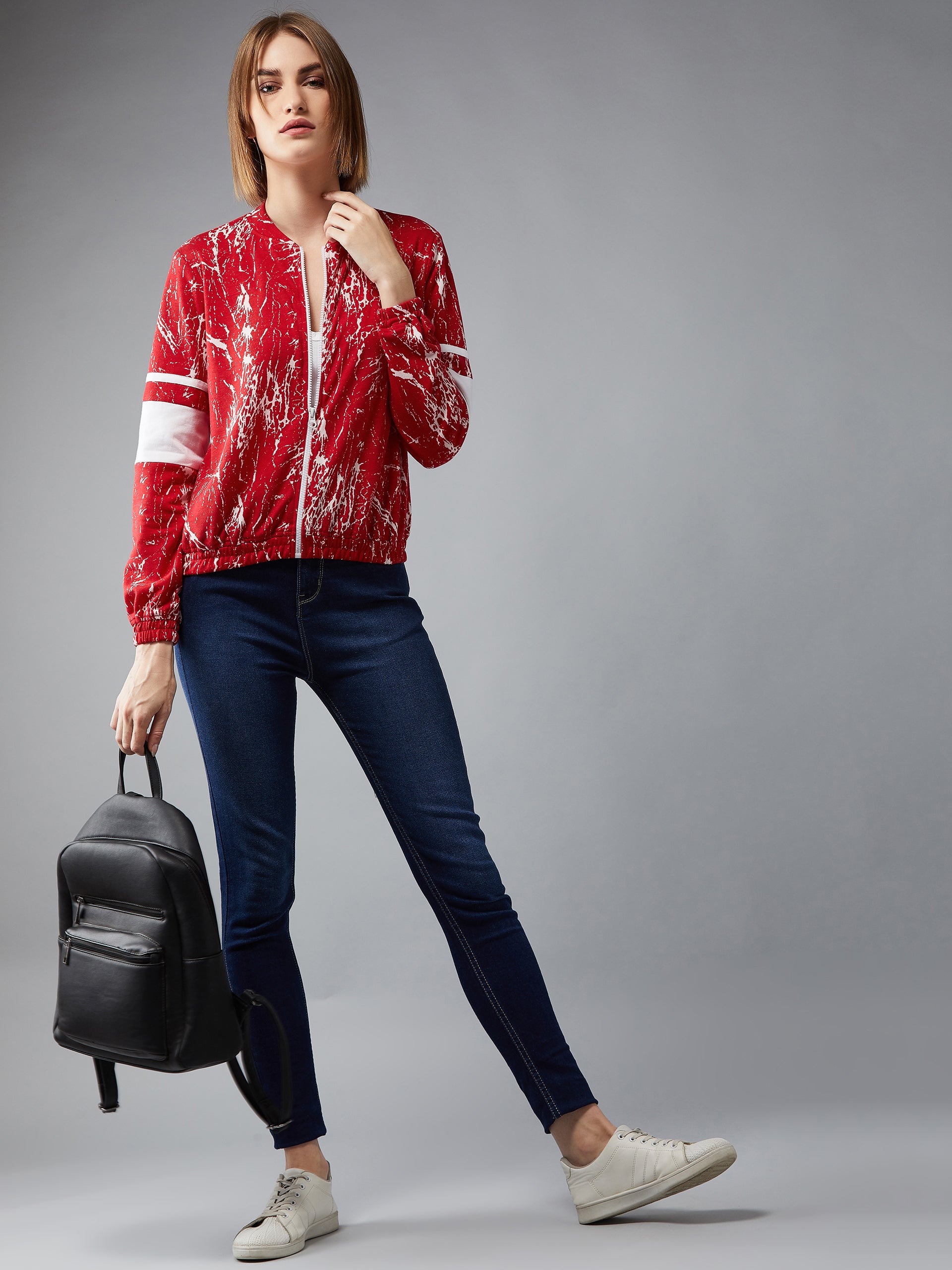 Women's Multicolored-Base-Red Round Neck Full Sleeves Printed Bomber/Paneled Regular Length Jacket