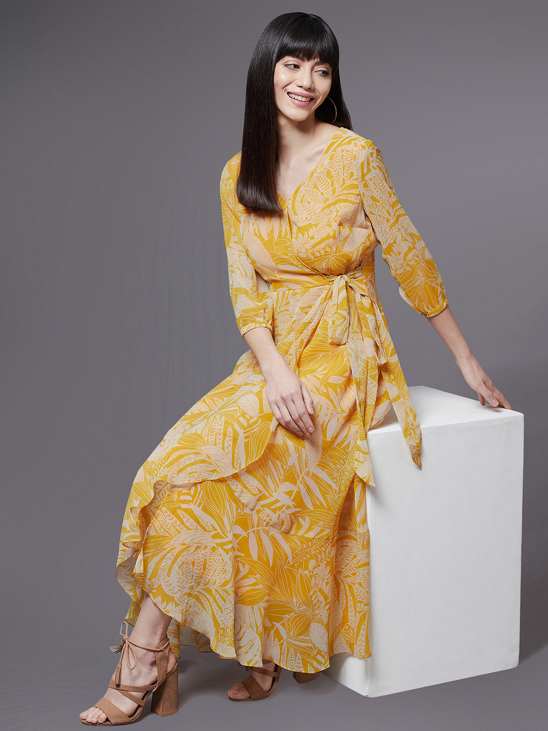 Women's Yellow & White V-Neck Full Sleeve Floral Layered Maxi Dress