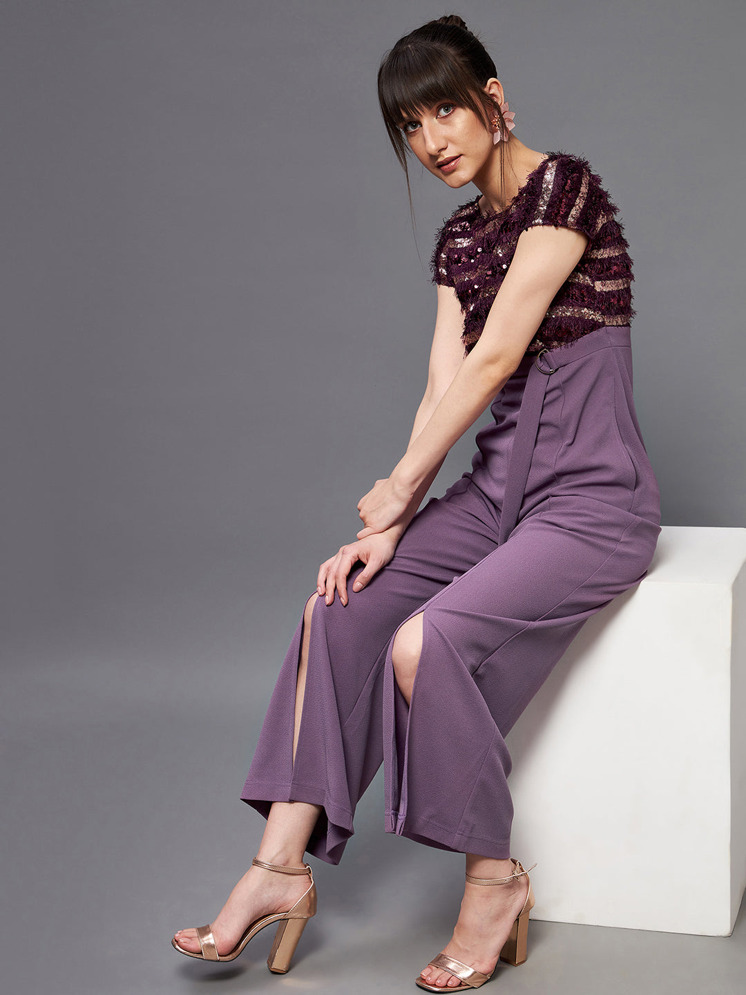 Women's Purple Round Neck Short Sleeve Embellished Front Slit Fringed Regular Jumpsuit
