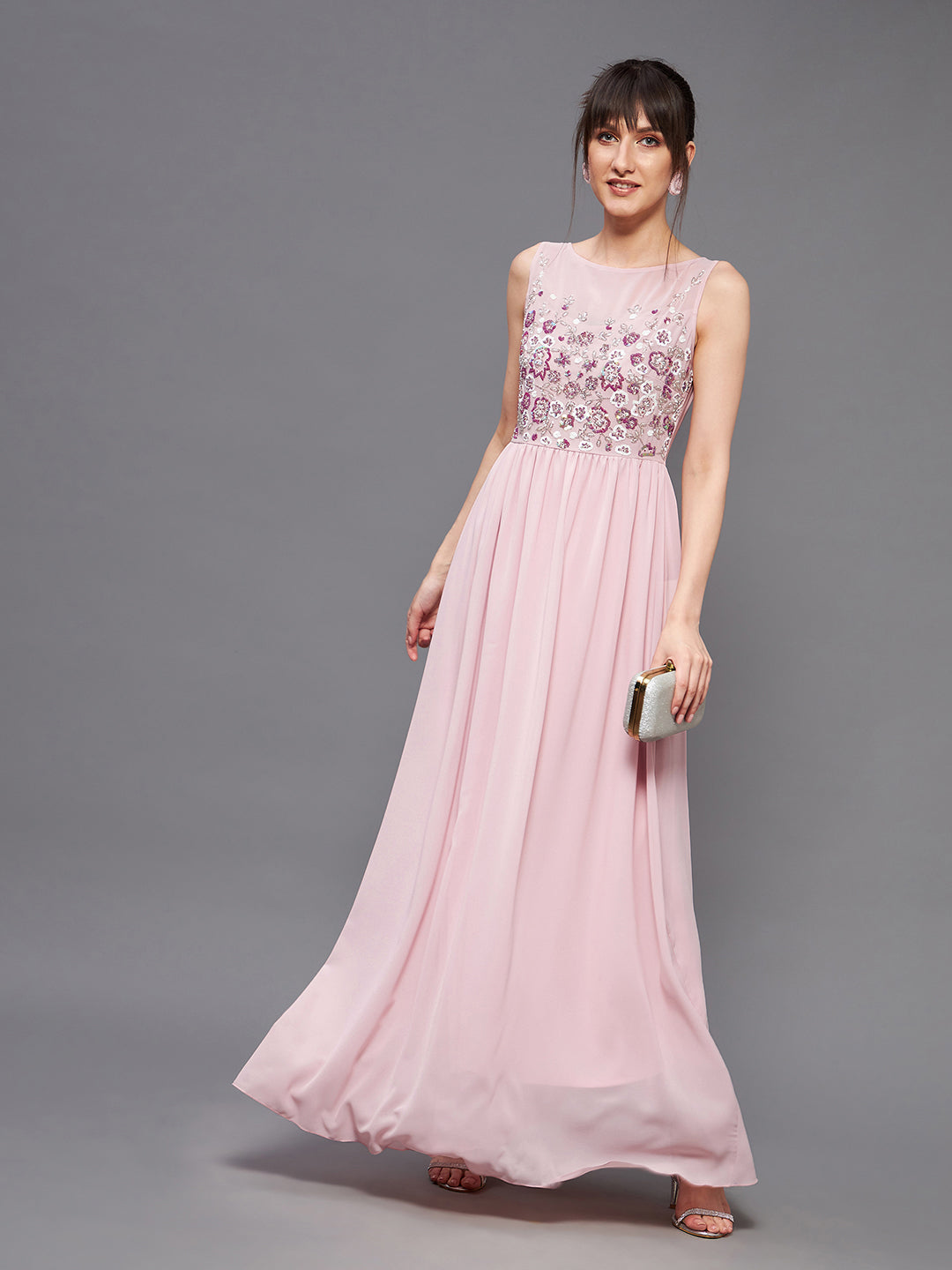 Light Pink Sleeveless Fit and Flare Sequinned Maxi Dress Long Dress Frock for Women